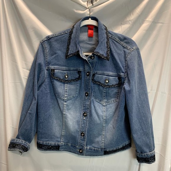 V. Cristine Black Lace Denim Jacket - Picture 1 of 14